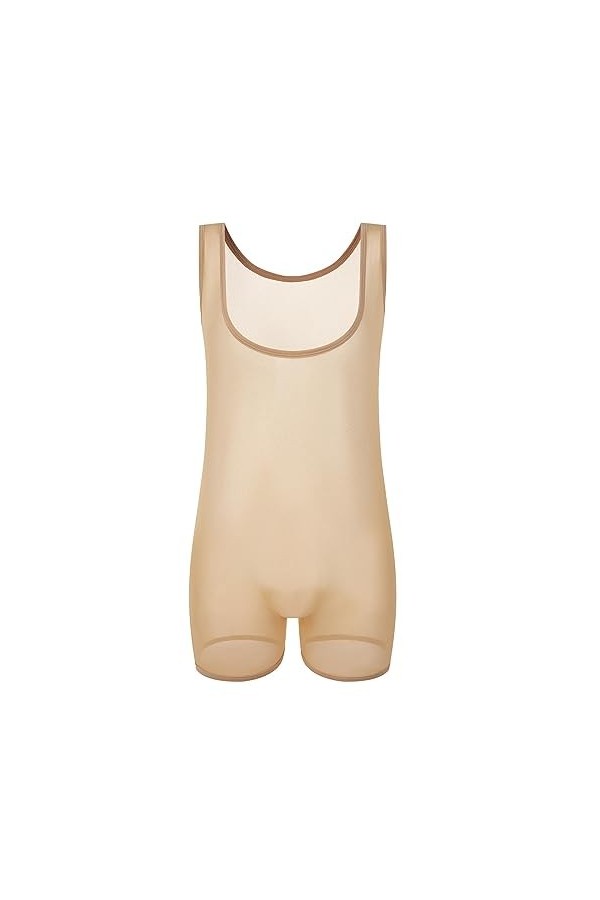 Body Hommes Boxer Combinaison une Pièce en Maille Transparente Maillot de Corps Sans Manches Bodysuit Jumpsuit Color:white,Si