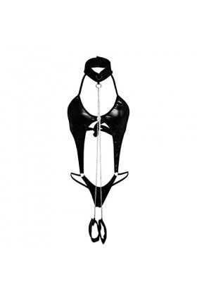 WEITING Body Femme Plus La Taille En Cuir Verni Noir Lingerie Sexy Body Latex&nbsp;&nbsp;&nbsp;Stimulant Pyjama-Noir,S