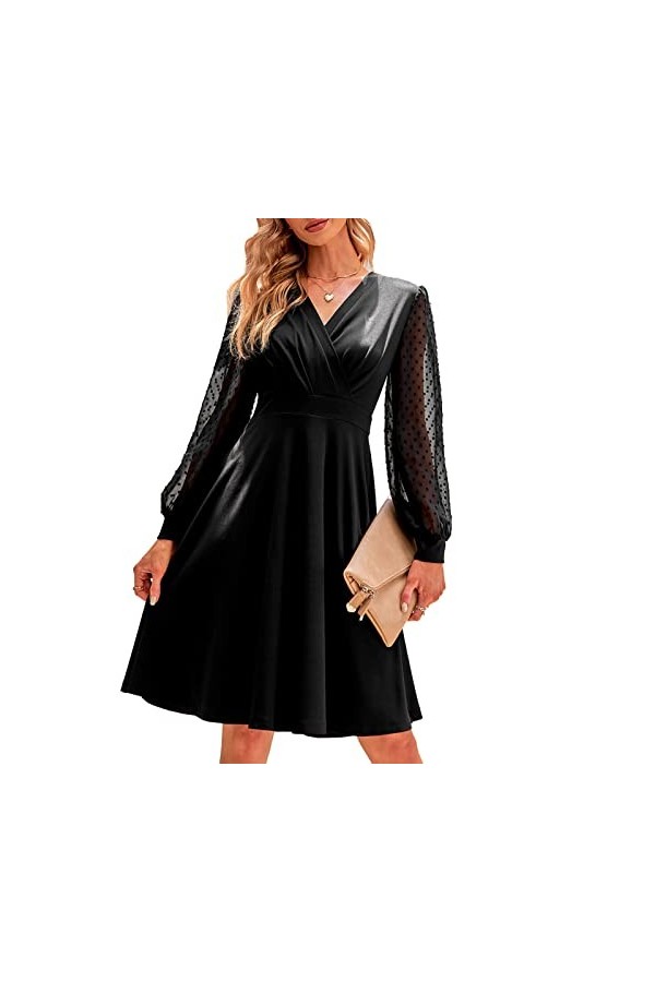 dsheng Robe à Manches Longues, Col en V croisé, Taille Haute Confortable, Tenue Décontractée pour Femmes de Style Trapèze Min