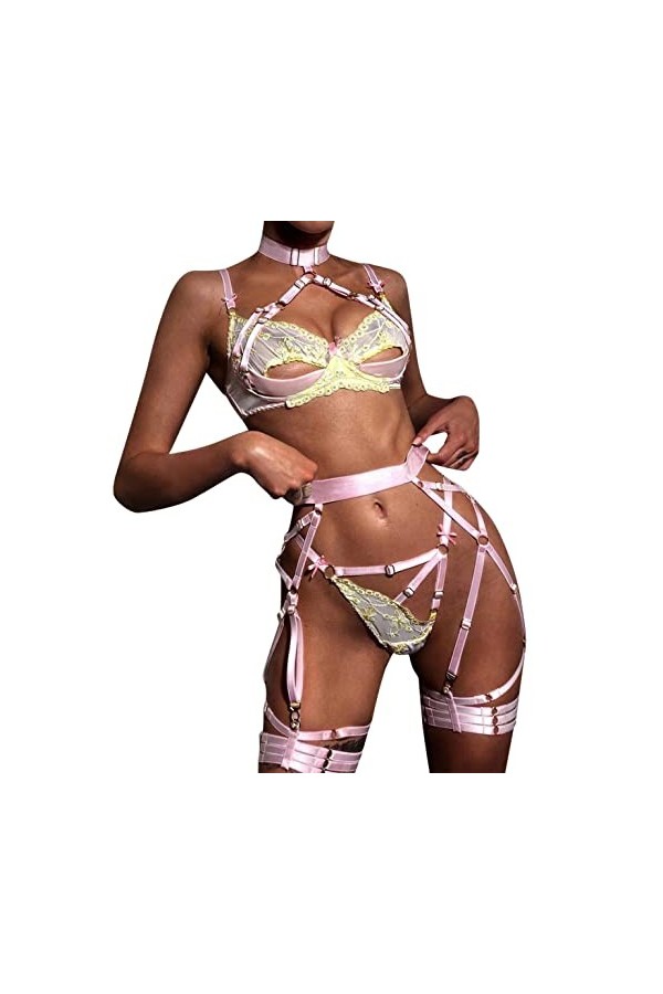 Lingerie Vintage Body drôle pour Femme Lingerie Pendaison Cou Sexy évider Couleur Teinte épissure drôle Trois pièces Ensemble