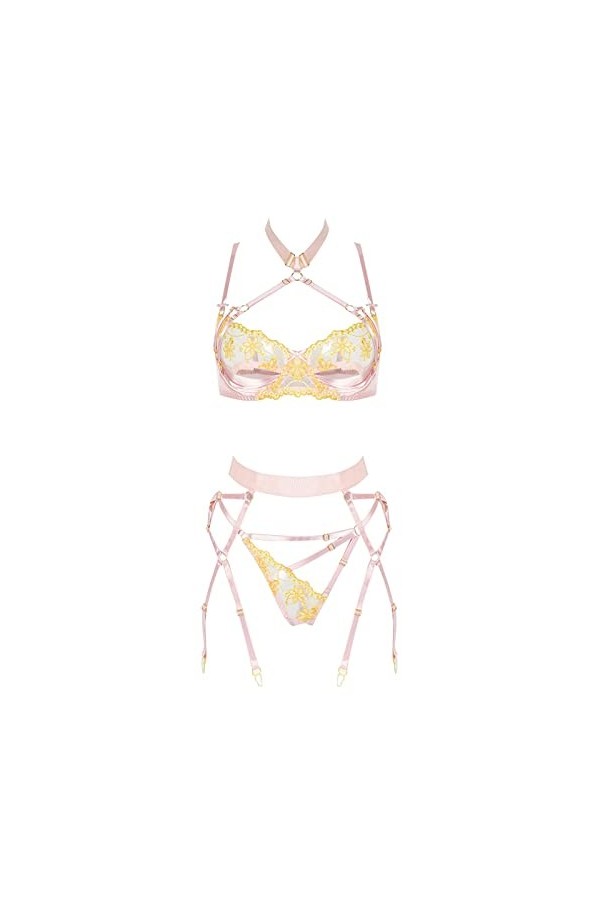 Lingerie Vintage Body drôle pour Femme Lingerie Pendaison Cou Sexy évider Couleur Teinte épissure drôle Trois pièces Ensemble