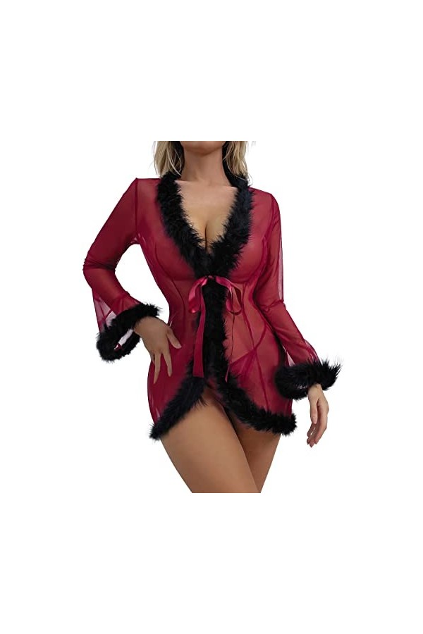 Lingerie Sexy sans Entrejambe Vêtement de Nuit en Dentelle pour Femmes col V Manches Longues Maille Lingerie de Noël pour Fem