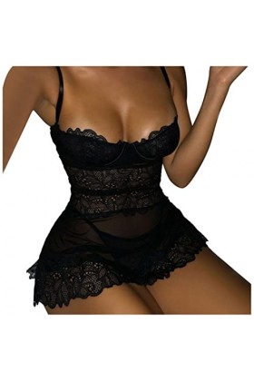 Lingerie Sexy Costume Dentelle Noire Chemise de Nuit Florale String Ensemble sous-vêtements Dames sous-vêtements Transparents