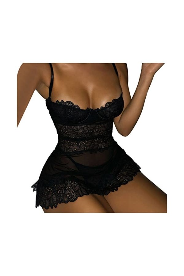 Lingerie Sexy Costume Dentelle Noire Chemise de Nuit Florale String Ensemble sous-vêtements Dames sous-vêtements Transparents