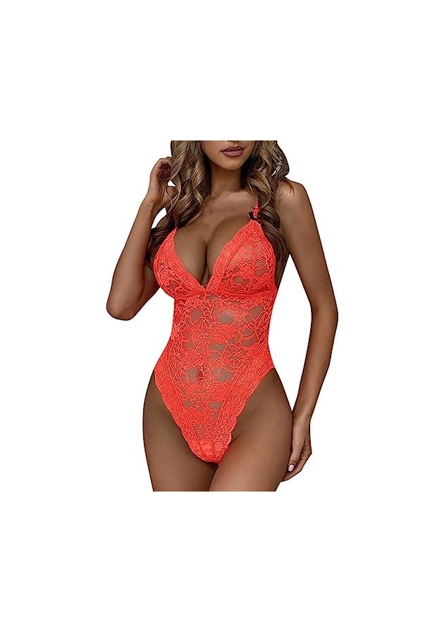 Body Femme Sexy en Dentelle Florale Lingerie Sexy Pyjama Une Pièce Body à Découpe-Noir,XL