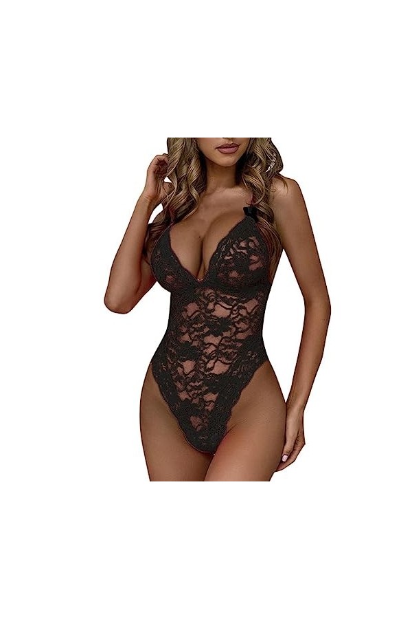 Body Femme Sexy en Dentelle Florale Lingerie Sexy Pyjama Une Pièce Body à Découpe-Noir,XL