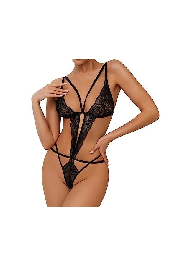 SHANHE Lingerie Femme Dentelle Creuse Col V Bretelle Chemise De Nuit Teddy Babydoll Sexy Mince Combinaison Pyjama Femme Dente