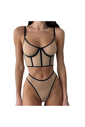 MayDONG Ensemble 2 pièces sexy en maille transparente à armatures avec baleines en forme de poisson pour femme