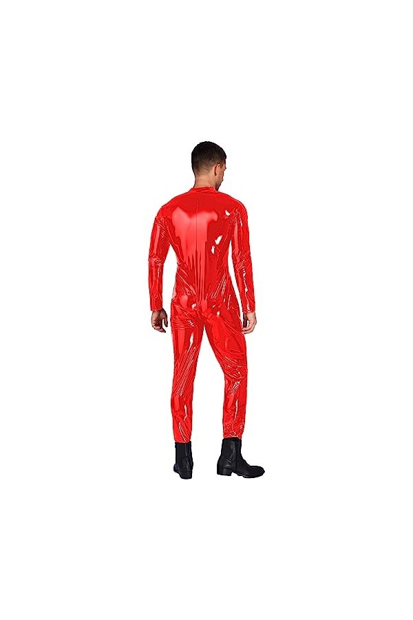 Mufeng Combinaison Homme Sexy Catsuit Cuir Verni Lingerie Zip Jumpsuit Wetlook Body Manches Longues Erotique Costume Clubwear