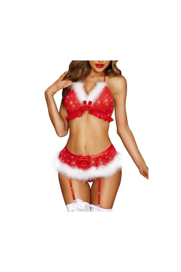 RSLOVE Lingerie Sexy de Noël avec Porte-Jarretelles et Nuisette en Forme de Père Noël Scintillant Rouge S