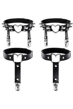 2 Paires Harnais de Jambe en Cuir Porte Jarretelle Rivet PU Bague Jarretière en Cuir（Coeur et Coeur）Taille unique Noir