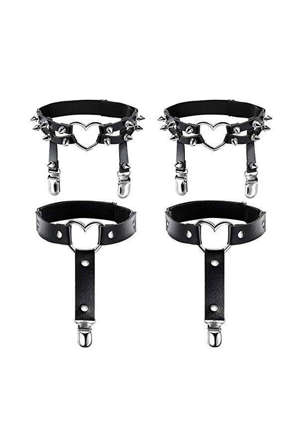 2 Paires Harnais de Jambe en Cuir Porte Jarretelle Rivet PU Bague Jarretière en Cuir（Coeur et Coeur）Taille unique Noir