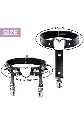 2 Paires Harnais de Jambe en Cuir Porte Jarretelle Rivet PU Bague Jarretière en Cuir（Coeur et Coeur）Taille unique Noir