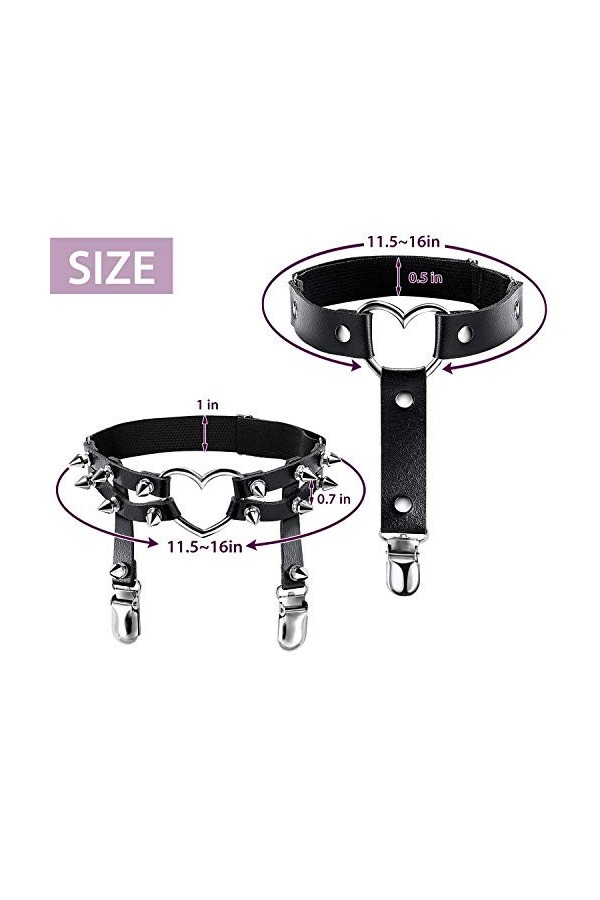 2 Paires Harnais de Jambe en Cuir Porte Jarretelle Rivet PU Bague Jarretière en Cuir（Coeur et Coeur）Taille unique Noir