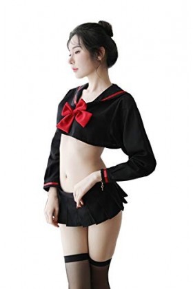 Lolita Costume décolière sexy avec mini jupe plissée pour Halloween Noir
