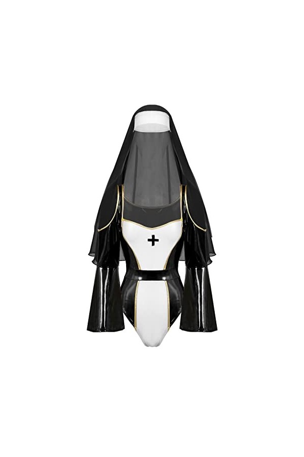 ranrann Déguisement Nonne Femme Sexy Mini Jupe Moulante Cuir Crop Top Transparent Ouvert Coiffe Brillant Jeu de Role Erotique