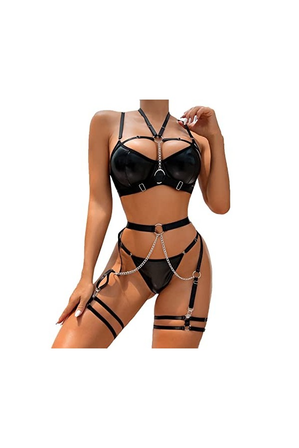 Pdakieyxnd Body Cuir et Combinaison Sexy Femme Sensuelle Latex Coquin Nuisette Dentelle Valentin Body Noir Érotique Chaud Col