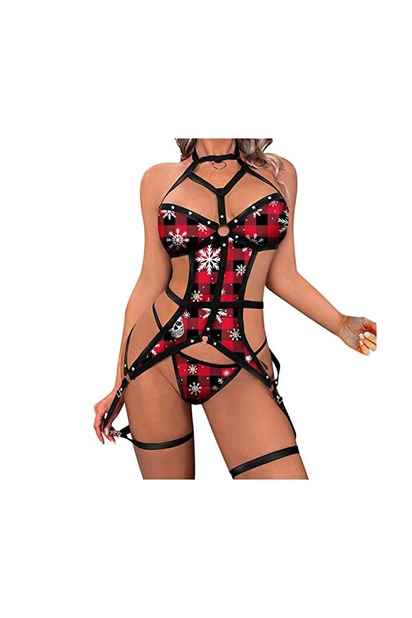 Fulidngzg Lingerie sexy pour femme - Lingerie érotique rouge - Tenue de Noël - Body une pièce - Lingerie sexy - Sous-vêtement