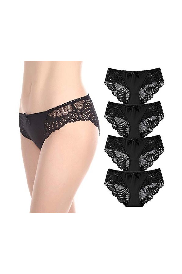 Coswe - Slip sexy extensible en soie et dentelle pour femme, Noir - 4 pièces., XXL