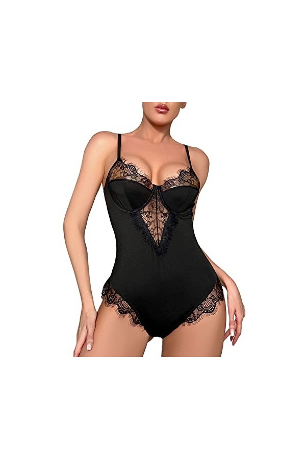 Lingerie sexy pour femme - Lingerie érotique - Grandes tailles - Noir - Avec trou - Nuisette - Sous-vêtement gainant - Entrej