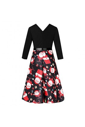 Robe de Noël pour femme - Imprimé Hepburn - Rétro - Manches moyennes - Col en V - Mini robe de loisirs - Taille haute - Pliss