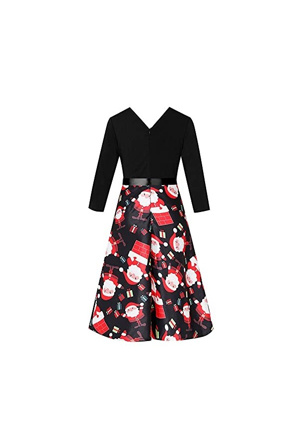Robe de Noël pour femme - Imprimé Hepburn - Rétro - Manches moyennes - Col en V - Mini robe de loisirs - Taille haute - Pliss