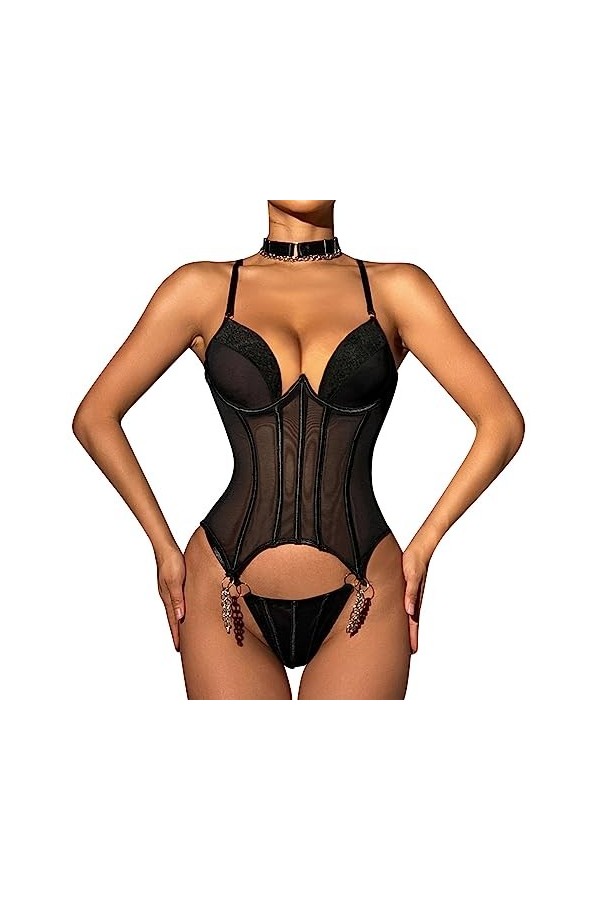 ULLIAN Ensemble Lingerie Sexy 2023 New See-Through Mesh Sexy Strappy Shapewear Lingerie Three-Piece Set Confortable Durable S