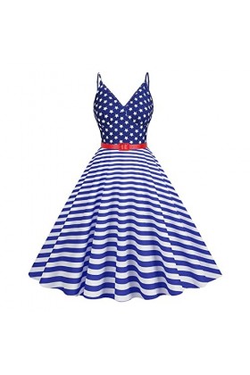 Robe Hepburn Rockabilly années 50 - Bretelles spaghetti - Col en V - Imprimé jour de lindépendance - Robe de soirée swing - 
