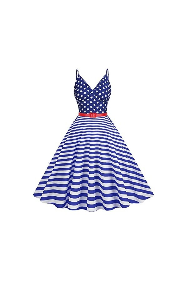 Robe Hepburn Rockabilly années 50 - Bretelles spaghetti - Col en V - Imprimé jour de lindépendance - Robe de soirée swing - 