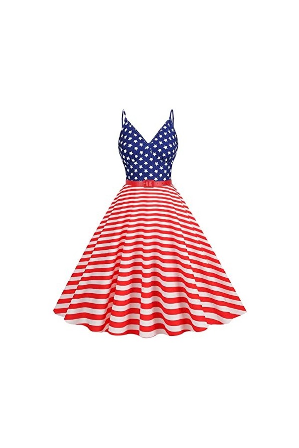 Robe Hepburn Rockabilly années 50 - Bretelles spaghetti - Col en V - Imprimé jour de lindépendance - Robe de soirée swing - 