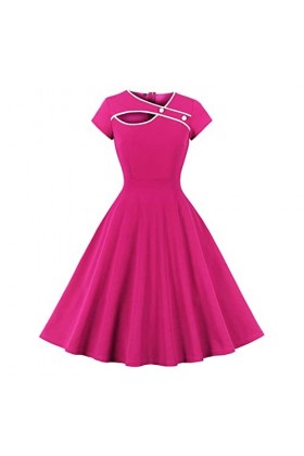 Robe Hepburn années 50 - Col en V - Avec boutons - Manches courtes - Coupe ajustée - Couleur unie - Longueur genou - Élégante