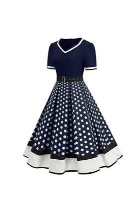 Hepburn Robe vintage élégante pour femme - Style décontracté - À pois - Col en V - Rockabilly - Manches courtes - Coupe haute