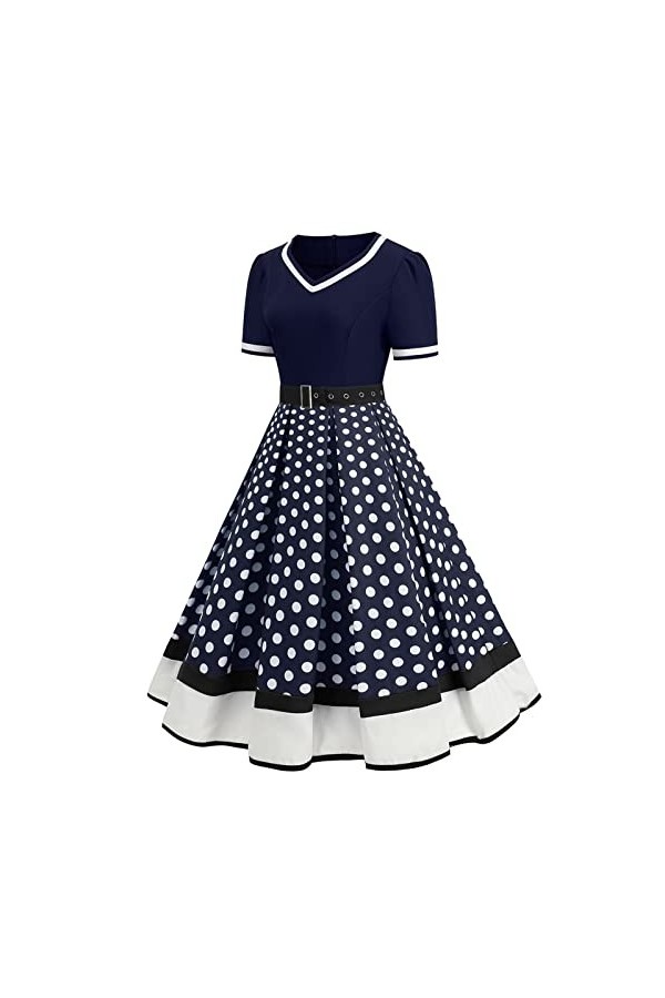 Hepburn Robe vintage élégante pour femme - Style décontracté - À pois - Col en V - Rockabilly - Manches courtes - Coupe haute