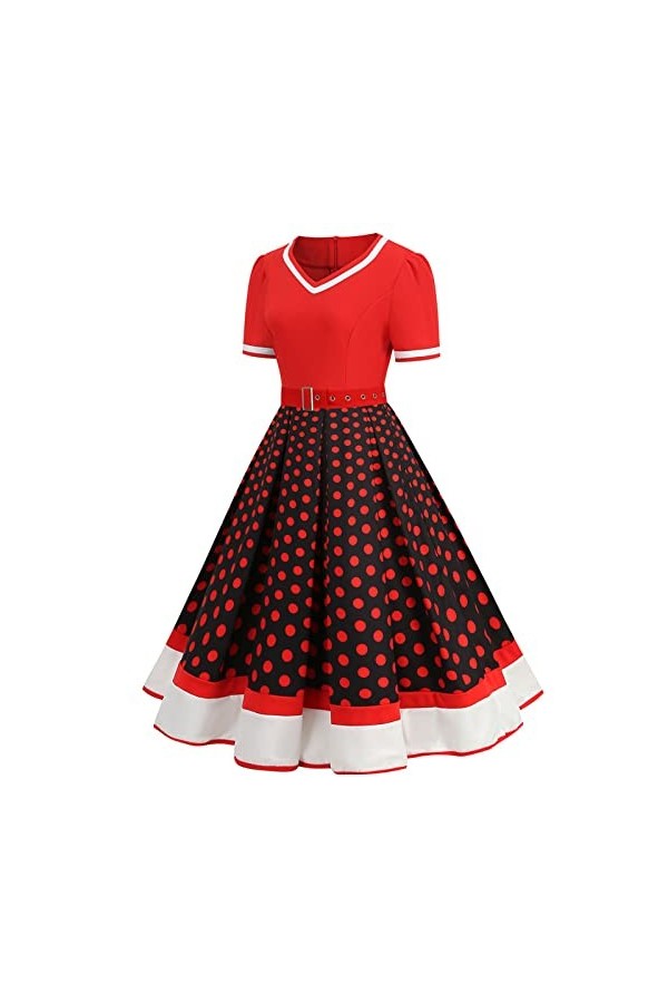 Hepburn Robe vintage élégante pour femme - Style décontracté - À pois - Col en V - Rockabilly - Manches courtes - Coupe haute