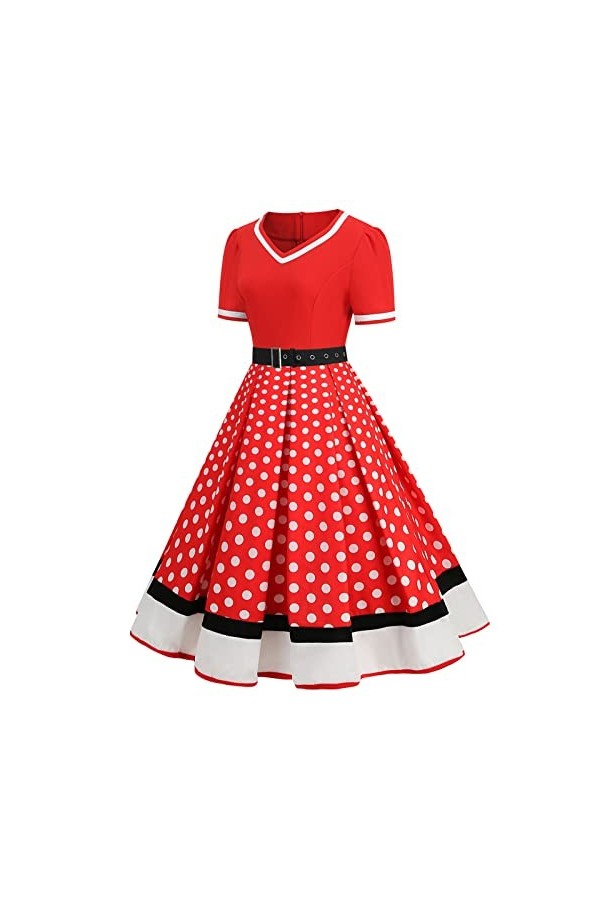 Hepburn Robe vintage élégante pour femme - Style décontracté - À pois - Col en V - Rockabilly - Manches courtes - Coupe haute