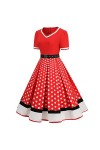 Hepburn Robe vintage élégante pour femme - Style décontracté - À pois - Col en V - Rockabilly - Manches courtes - Coupe haute