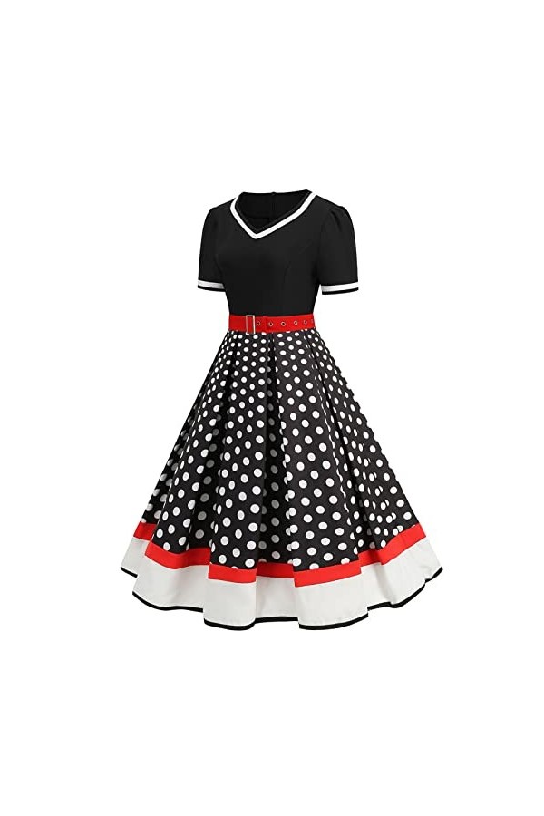Hepburn Robe vintage élégante pour femme - Style décontracté - À pois - Col en V - Rockabilly - Manches courtes - Coupe haute
