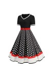 Hepburn Robe vintage élégante pour femme - Style décontracté - À pois - Col en V - Rockabilly - Manches courtes - Coupe haute