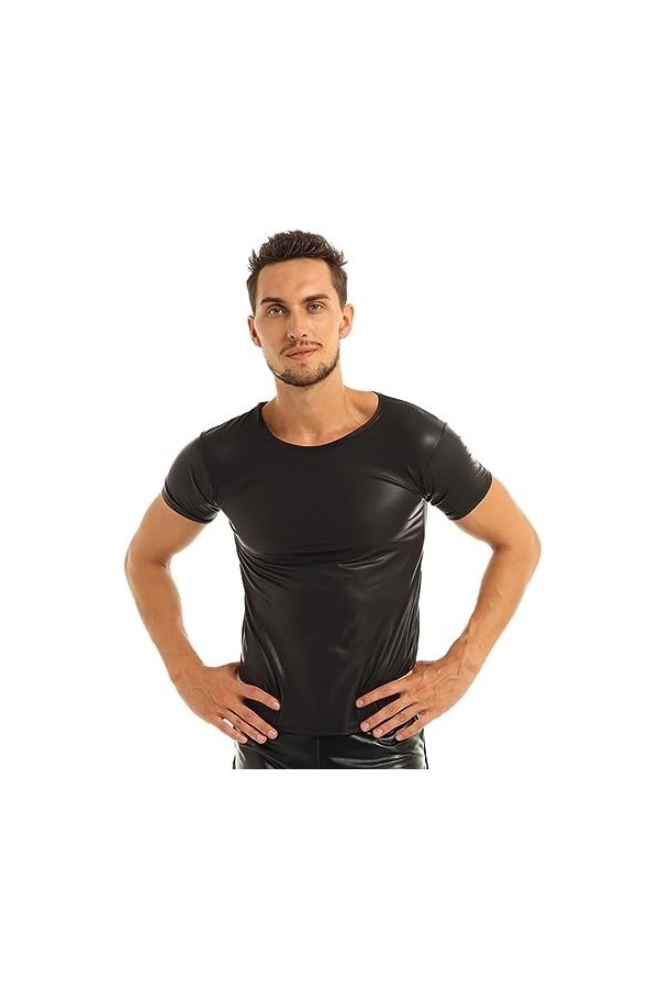 Faux Cuir À Manches Courtes T-Shirts&nbsp;&nbsp;&nbsp;Hommes Sexy Fitness Tops Gay Latex T-Shirt Undershirt Mens Stage Tops Tees Sexy Party 