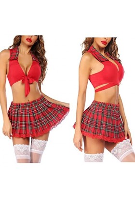 PONNYC Lingerie sexy pour femmes érotique cosplay écolière uniforme costumes jeu de rôle&nbsp;uniforme treillistie&nbsp;mini jupe ensem