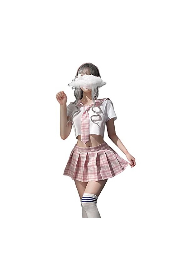 SINGUYUN Tenue décolière japonaise pour filles - Jupe plissée en treillis - Costume sexy avec chaussettes 6908 blanc noir 