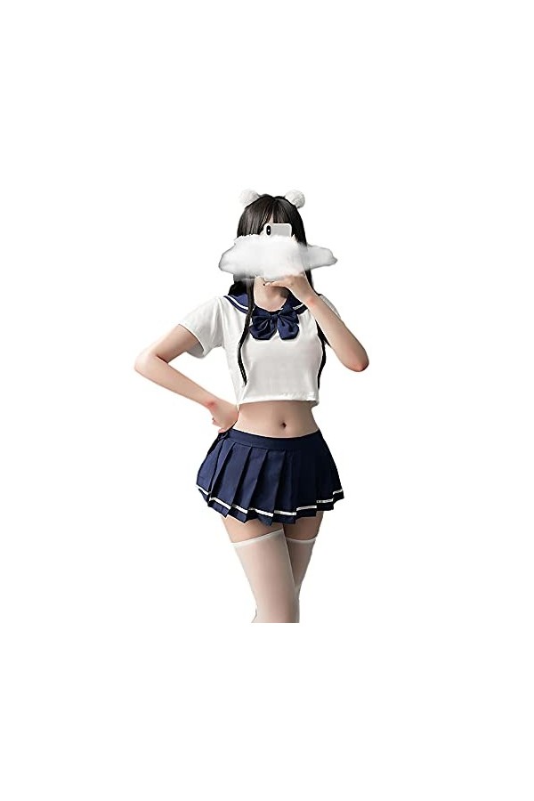 SINGUYUN Tenue décolière japonaise pour filles - Jupe plissée en treillis - Costume sexy avec chaussettes 6908 blanc noir 