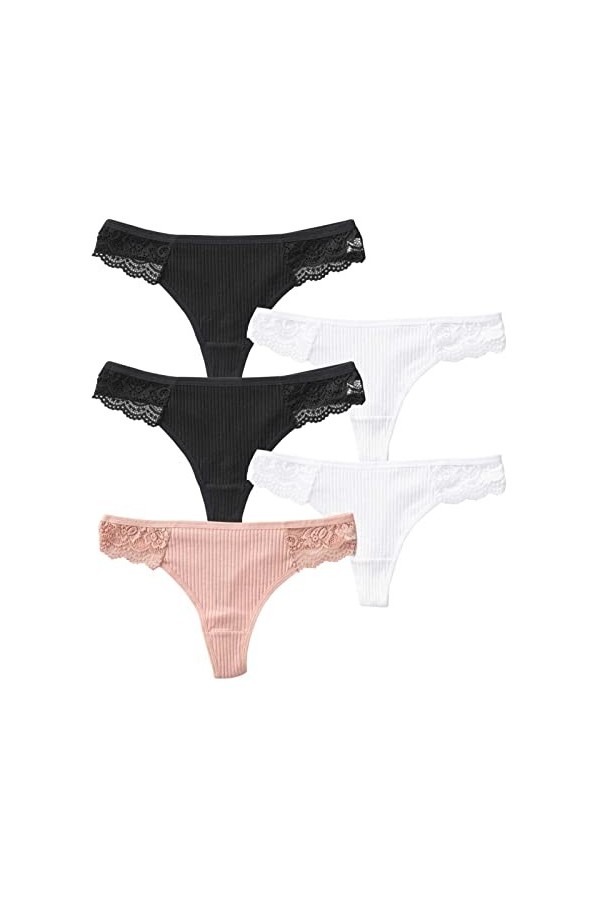 Daily Wear Lot de 5 Tongs en Coton for Femme, sous-vêtements Taille Basse en Dentelle Extensible et Respirant Color : Combin