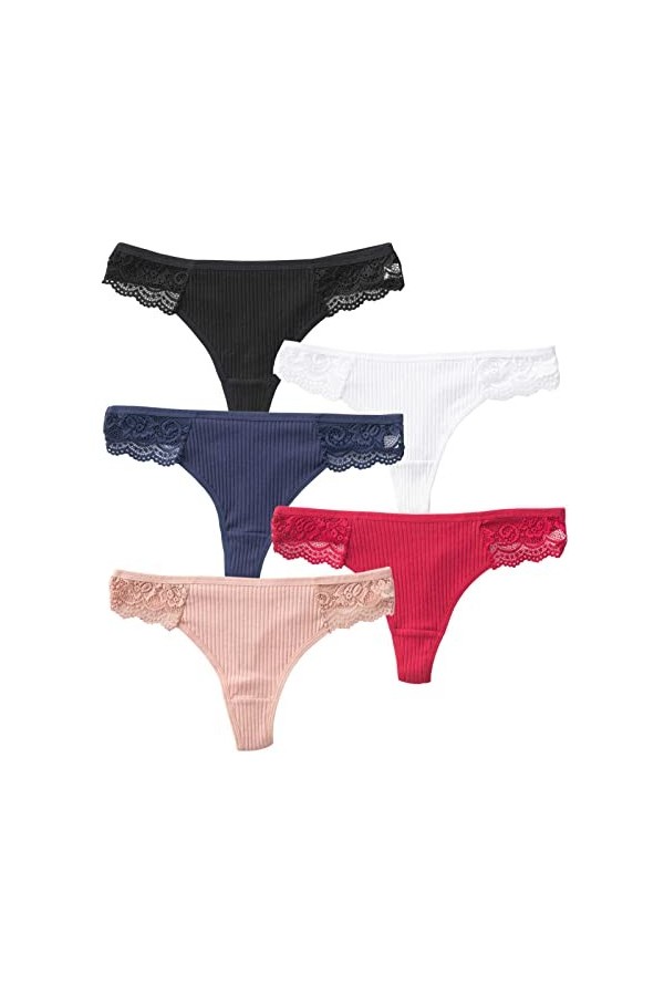 Daily Wear Lot de 5 Tongs en Coton for Femme, sous-vêtements Taille Basse en Dentelle Extensible et Respirant Color : Combin