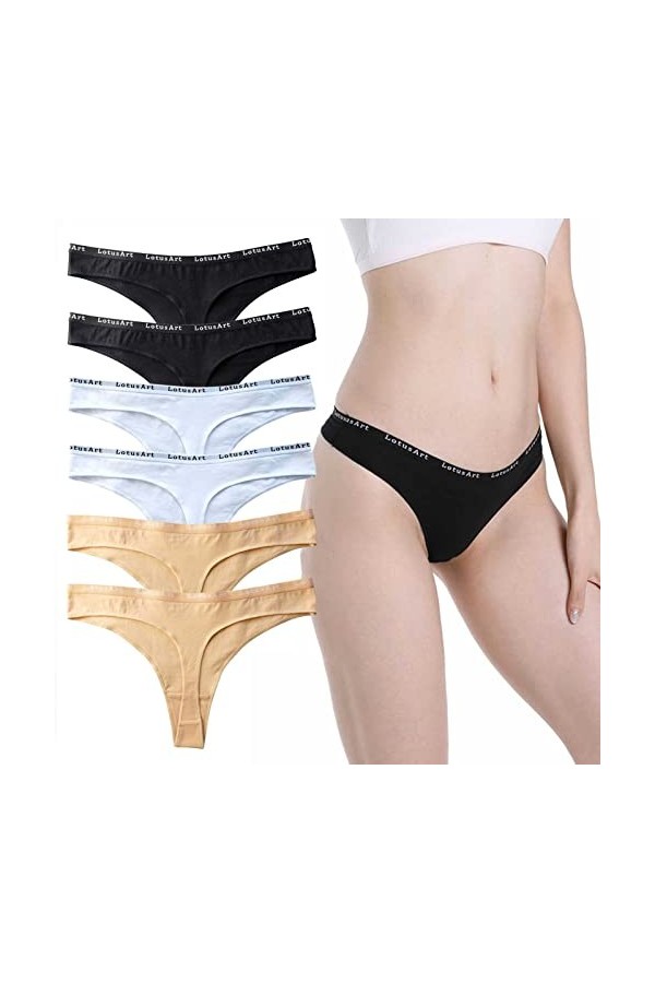 Daily Wear String en Coton for Femme Logo imprimé Taille élastique sous-vêtement Taille Basse T-Back String Culotte Lot de 6 