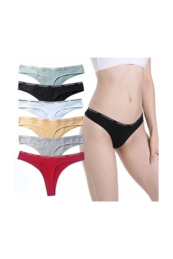 Daily Wear String en Coton for Femme Logo imprimé Taille élastique sous-vêtement Taille Basse T-Back String Culotte Lot de 6 