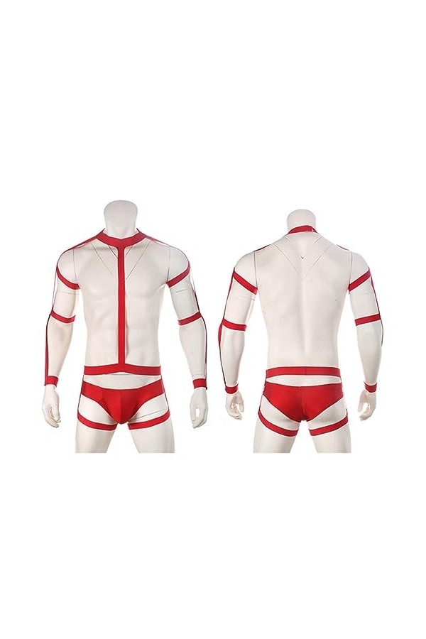 CHOUBAGUAI Ensemble de Bretelles Sexy pour Hommes Lingerie Halter Neck Ceinture Jumpsuit Stretch Vêtement avec Culotte-Rouge 