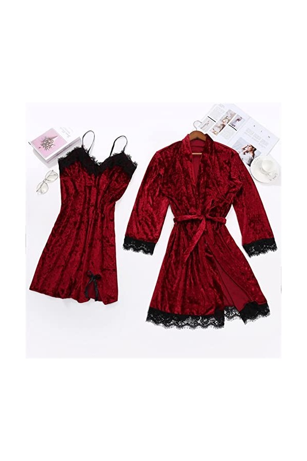Jiabing Pyjama Sexy pour Femmes Dentelle Velours Dentelle de Couleur Solide Pyjama Deux pièces Nuit de Nuit sous-vêtements de