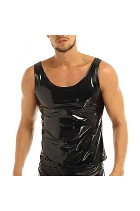 Hommes Wet Look Tank Imperméable en Cuir PVC Gilet Homme Dété Maillot sans Manches T-Shirt Homme Sexy Singlets Tee Top