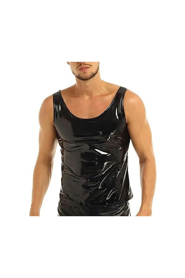 Hommes Wet Look Tank Imperméable en Cuir PVC Gilet Homme Dété Maillot sans Manches T-Shirt Homme Sexy Singlets Tee Top